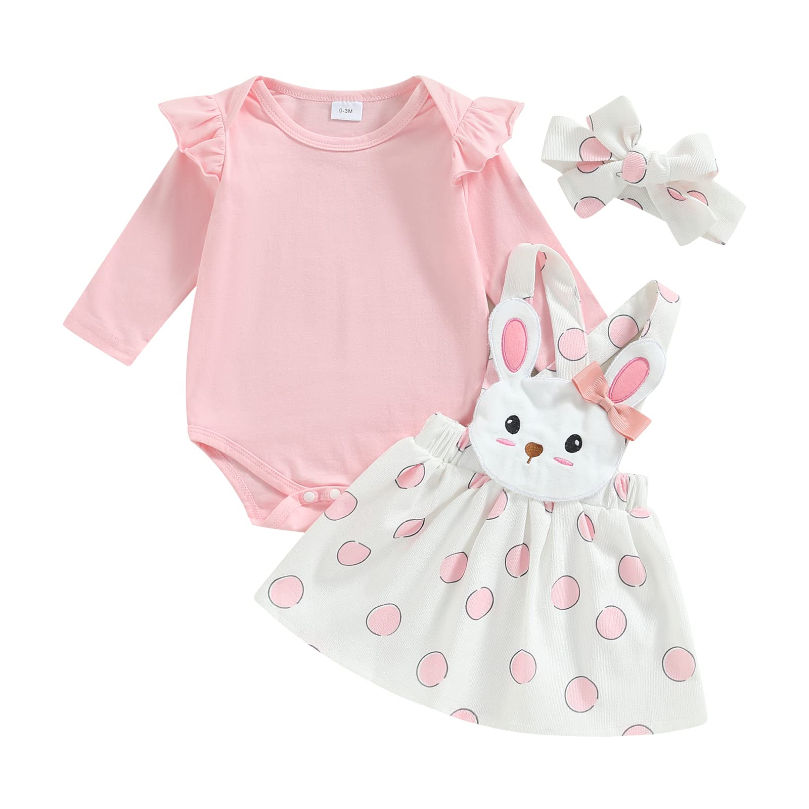 Newborn Baby Girl Pink Bunny Outfit Long Sleeve Romper Rabbit Suspender Skirt Overall Dress Headband My 1st Easter Outfit (Pink, 3-6 Months)