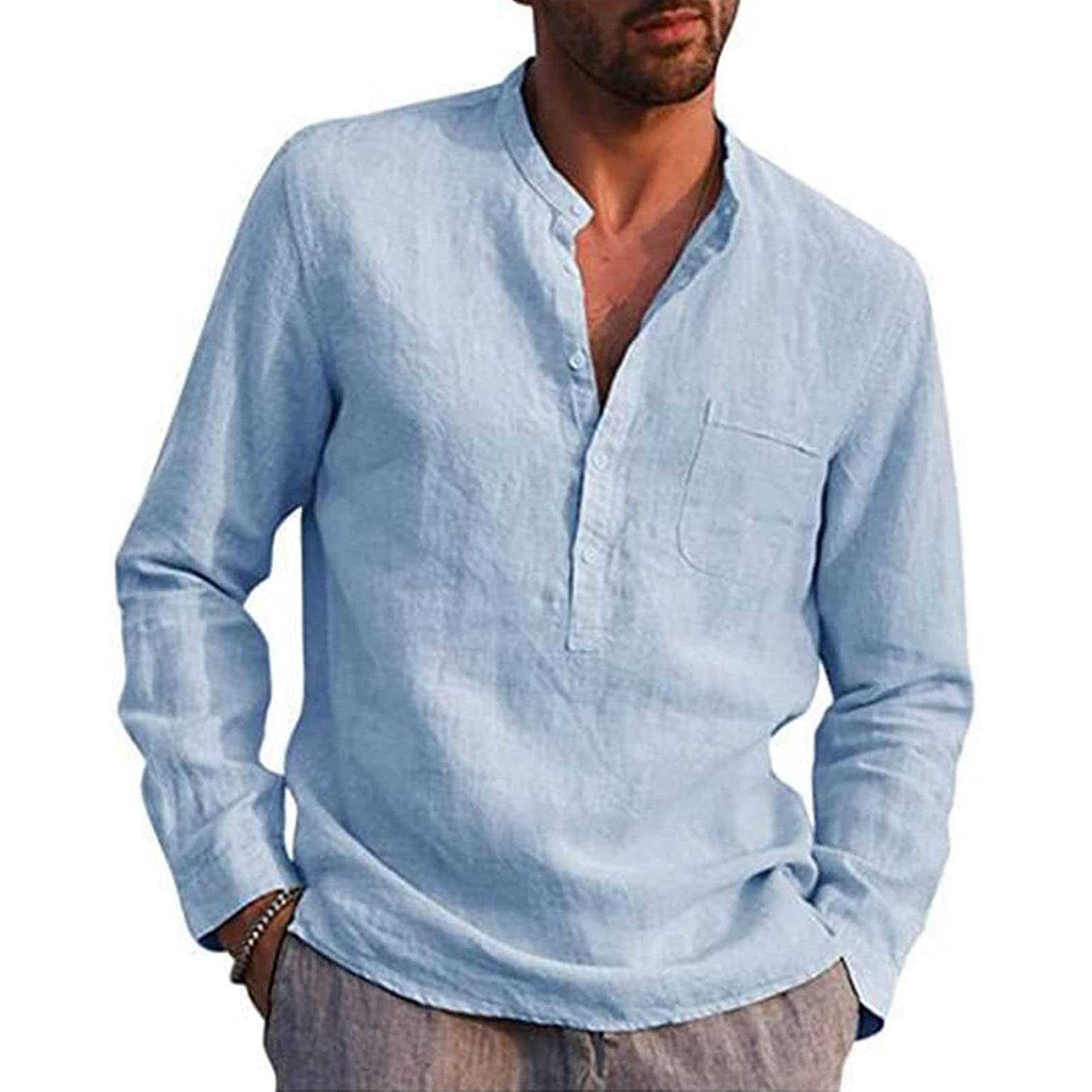 Men's Linen Button Up Dress Shirts Casual Long Sleeve Cotton Beach T Shirts Henley Solid Summer Yoga Tops (Light Blue,Medium)