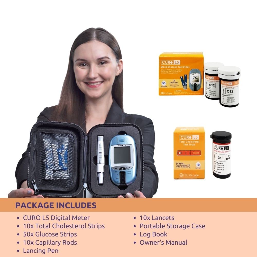 HOME Cholesterol and Glucose Self Test Kit (Device + 10 Total Cholesterol Test Strips + 50 Glucose Test Strips Included)