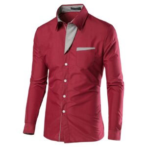 mens long sleeve stylish dress shirts patchwork casual button down shirts turn-down collar shirt top with pockets (red,x-large)