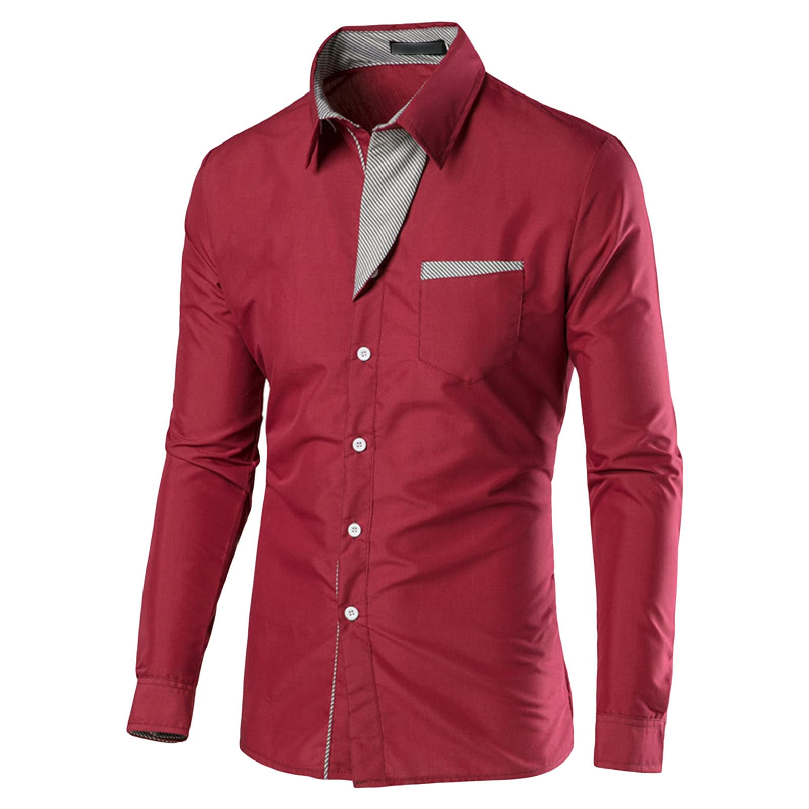 Mens Long Sleeve Stylish Dress Shirts Patchwork Casual Button Down Shirts Turn-Down Collar Shirt Top with Pockets (Red,X-Large)