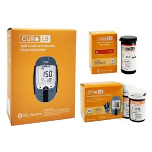 home cholesterol and glucose self test kit (device + 10 total cholesterol test strips + 50 glucose test strips included)