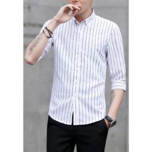 Men's Striped Button Down Shirts Casual Turn-Down Collar Slim Fit Shirts Classic Stylish Business Dress Shirts (White,X-Large)