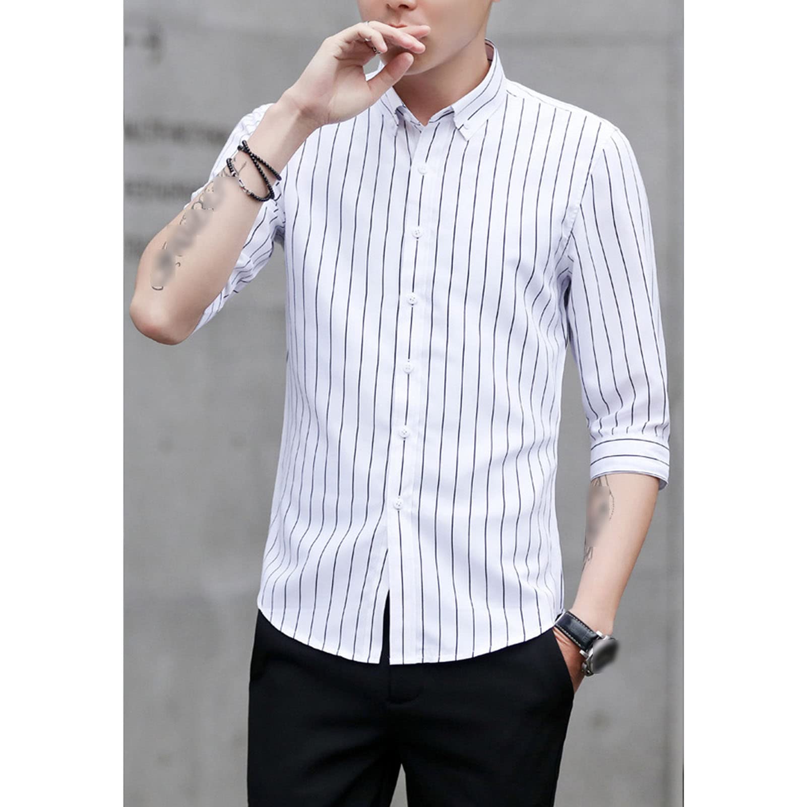 Men's Striped Button Down Shirts Casual Turn-Down Collar Slim Fit Shirts Classic Stylish Business Dress Shirts (White,X-Large)