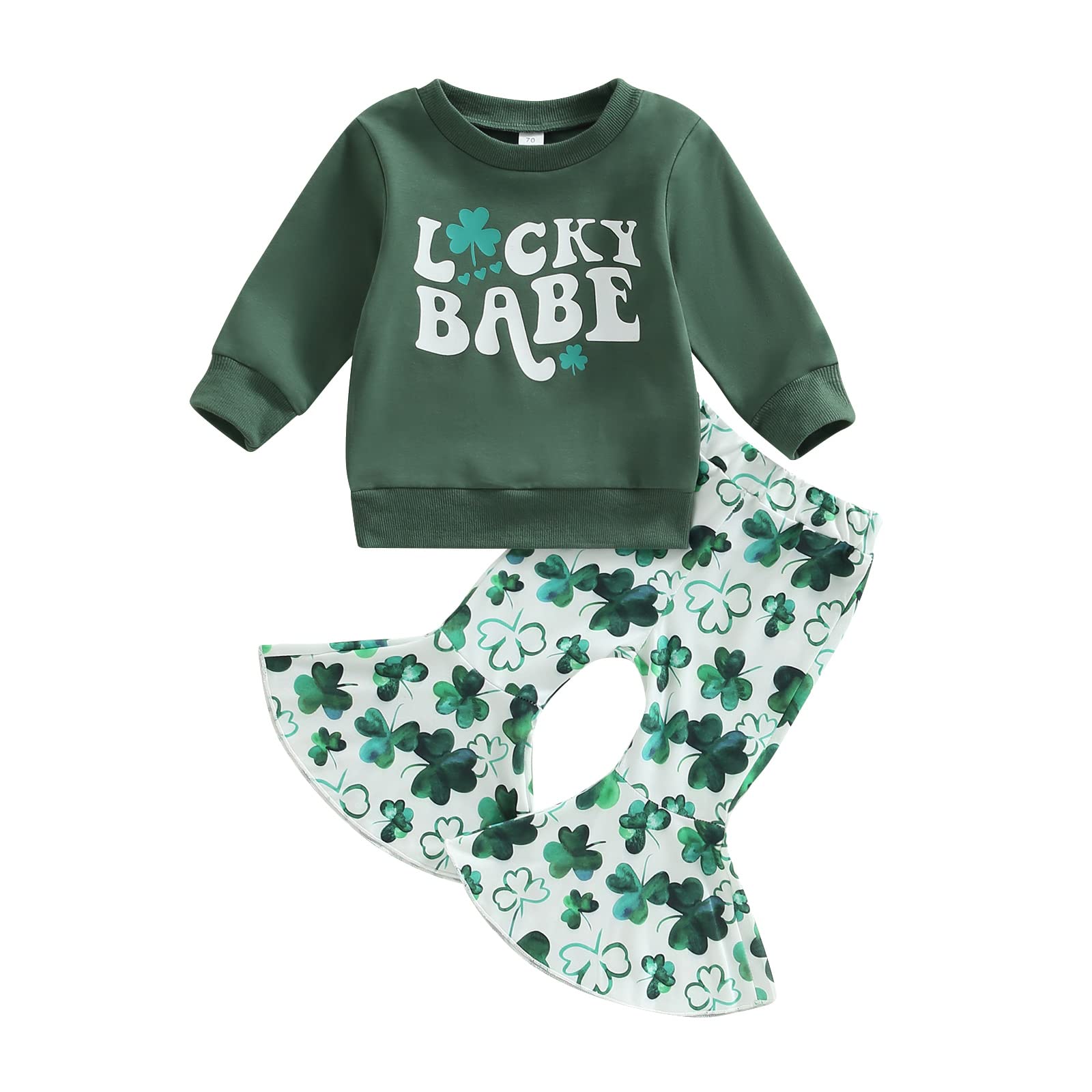 Infant Toddler Baby Girl St. Patrick 's Day Outfit Clover Letter Long Sleeve Sweatshirt Tops and Flared Pants Set (Green, 6-12 Months)