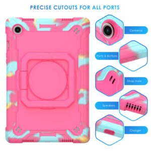 DETUOSI Case for Samsung Galaxy Tab A8 10.5 inch 2022, Galaxy Tab A8 Shockproof Case with 360°Rotatable Stand & Shoulder Strap, Heavy Duty Case for SM-X200/X205/X207, Camouflage Rose Red