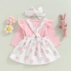 Newborn Baby Girl Pink Bunny Outfit Long Sleeve Romper Rabbit Suspender Skirt Overall Dress Headband My 1st Easter Outfit (Pink, 3-6 Months)