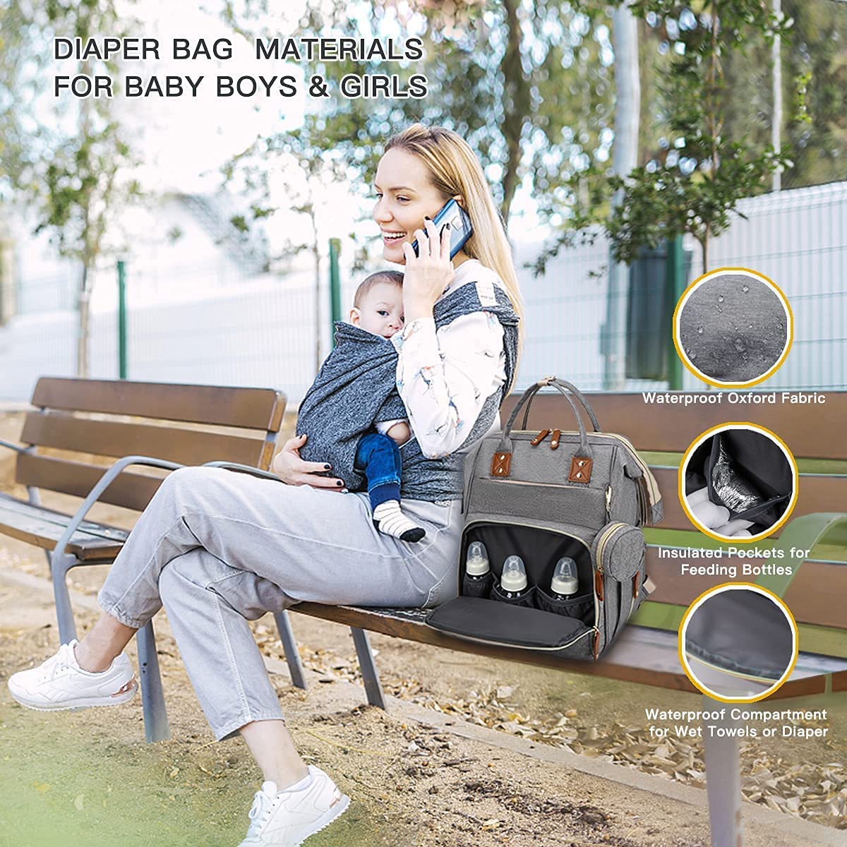 3 in 1 Diaper Bag Backpack with Changing Pad Large Capacity Portable Portable Foldable Mommy Bag Waterproof Newborn Baby Shower Gifts Travel Backpack Stroller Straps（Grey）