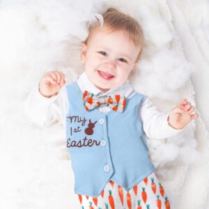 Aulyffo My First Easter Baby Boy Outfit 9-12 Months Baby Boy Easter Outfit Long Sleeve Bunny Romper Radish One Piece Jumpsuit with Bow Tie Easter Outfit Baby Boy Clothes