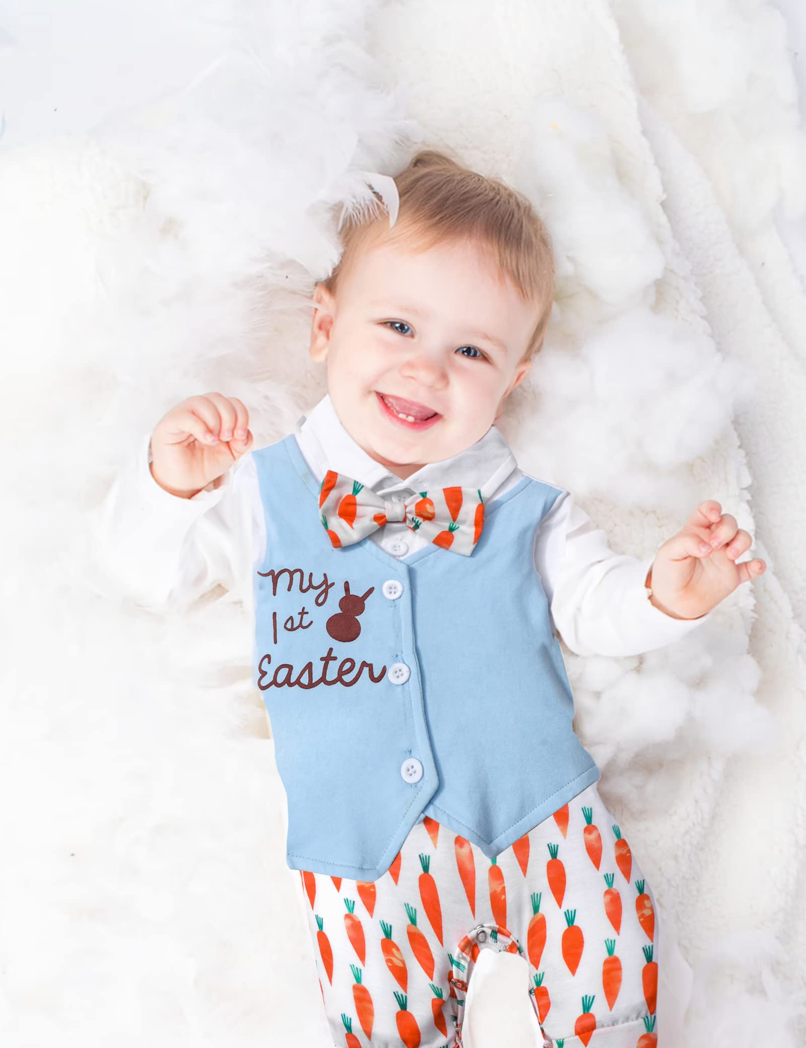 Aulyffo My First Easter Baby Boy Outfit 9-12 Months Baby Boy Easter Outfit Long Sleeve Bunny Romper Radish One Piece Jumpsuit with Bow Tie Easter Outfit Baby Boy Clothes