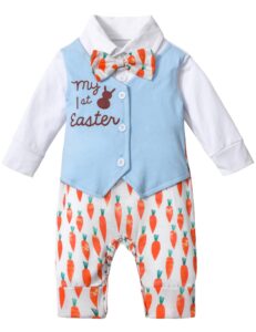 aulyffo my first easter baby boy outfit 9-12 months baby boy easter outfit long sleeve bunny romper radish one piece jumpsuit with bow tie easter outfit baby boy clothes