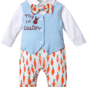 Aulyffo My First Easter Baby Boy Outfit 9-12 Months Baby Boy Easter Outfit Long Sleeve Bunny Romper Radish One Piece Jumpsuit with Bow Tie Easter Outfit Baby Boy Clothes