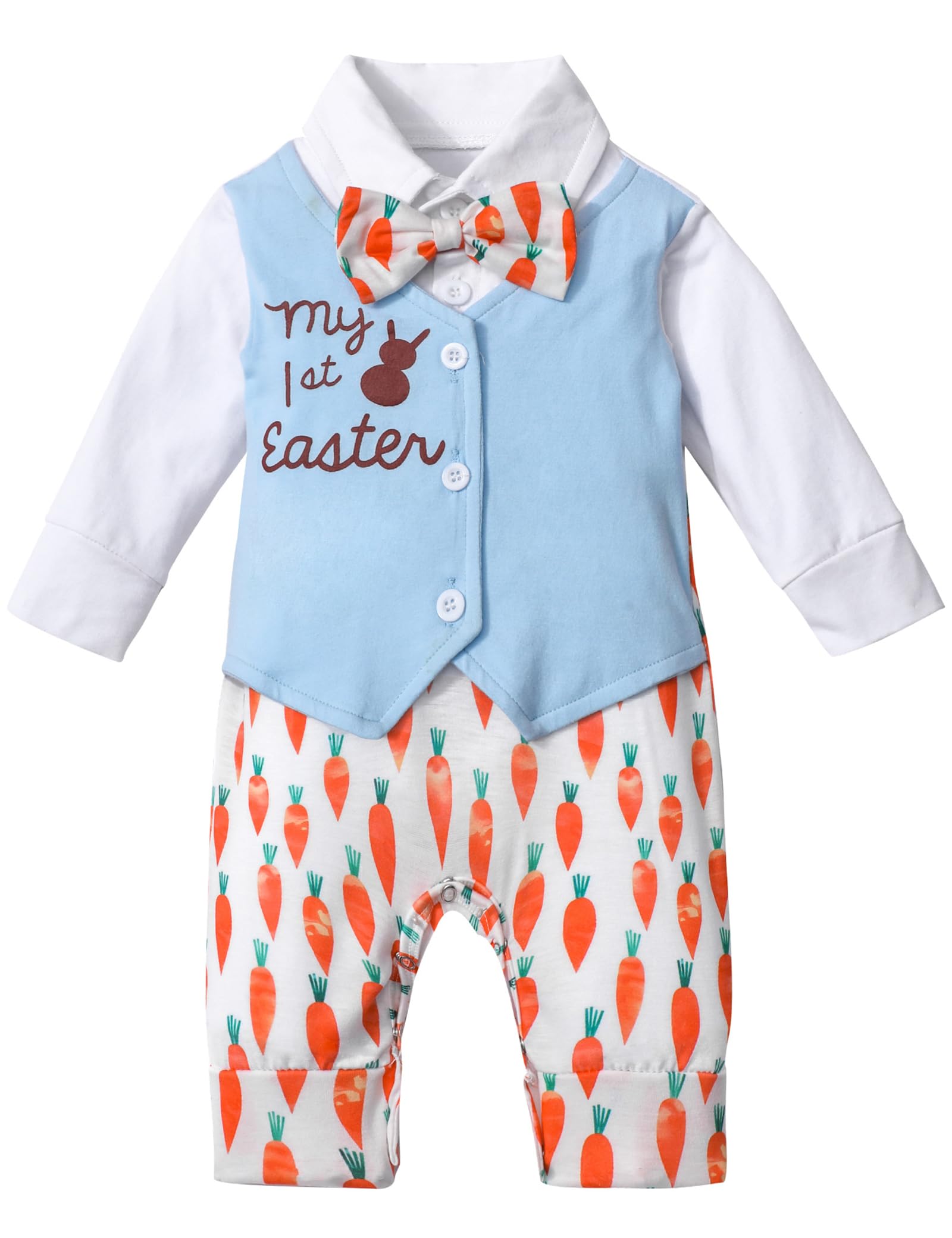 Aulyffo My First Easter Baby Boy Outfit 9-12 Months Baby Boy Easter Outfit Long Sleeve Bunny Romper Radish One Piece Jumpsuit with Bow Tie Easter Outfit Baby Boy Clothes