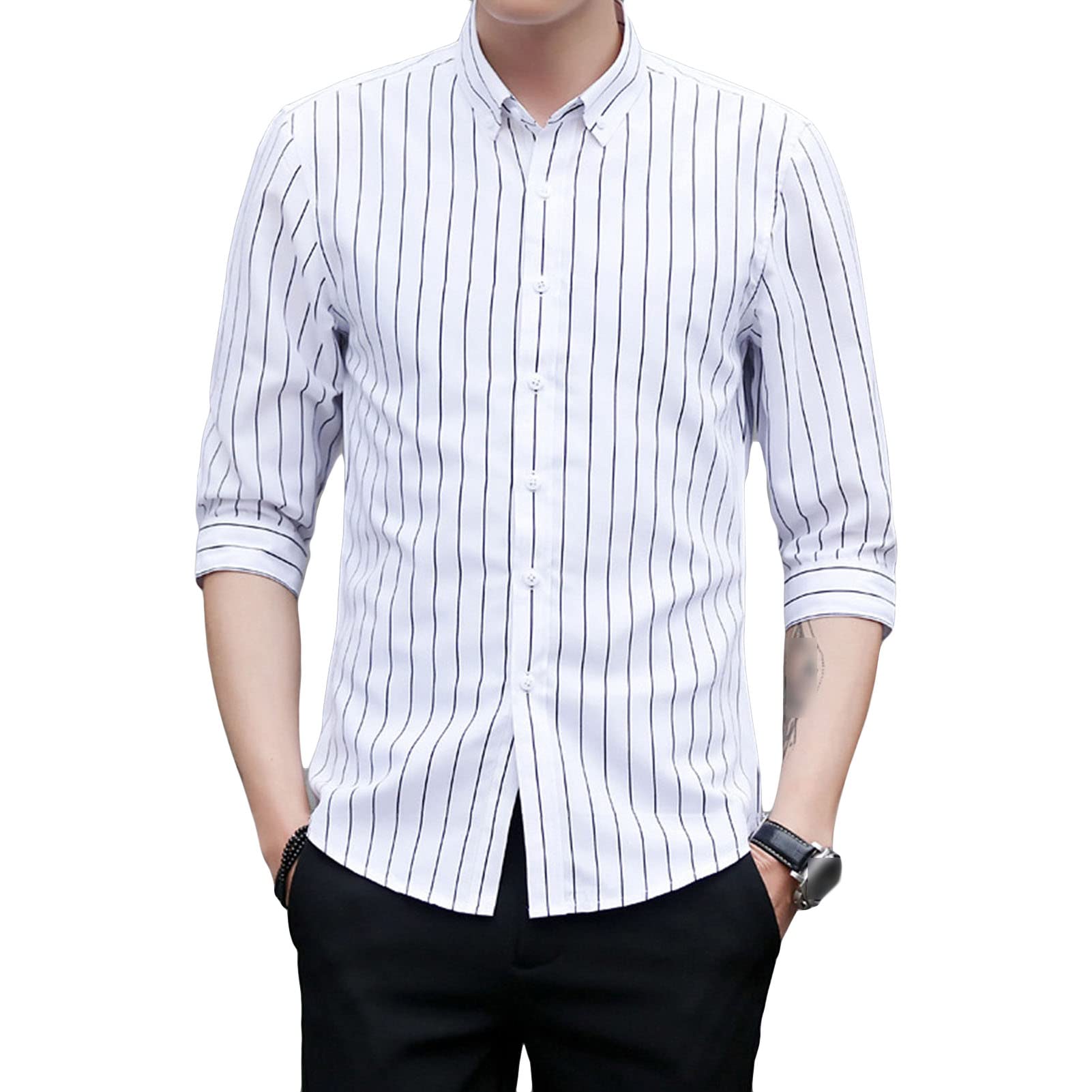 Men's Striped Button Down Shirts Casual Turn-Down Collar Slim Fit Shirts Classic Stylish Business Dress Shirts (White,X-Large)