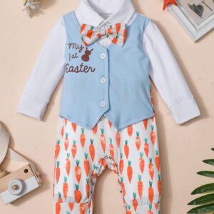 Aulyffo My First Easter Baby Boy Outfit 9-12 Months Baby Boy Easter Outfit Long Sleeve Bunny Romper Radish One Piece Jumpsuit with Bow Tie Easter Outfit Baby Boy Clothes