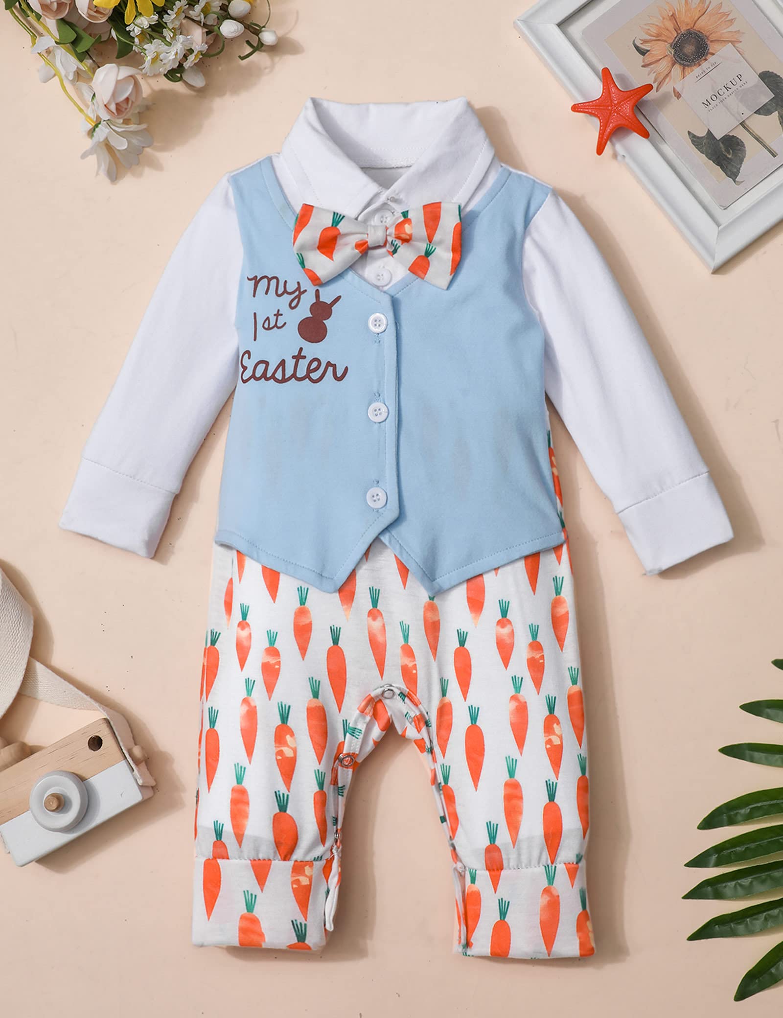 Aulyffo My First Easter Baby Boy Outfit 9-12 Months Baby Boy Easter Outfit Long Sleeve Bunny Romper Radish One Piece Jumpsuit with Bow Tie Easter Outfit Baby Boy Clothes