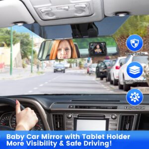 Brislut Baby Car Mirror with Tablet Holder, Road Trip Essentials for Kids, Back Seat Mirror to See Rear Facing Infant, Adjustable Backseat Mirror and Ipad Case for Car Headrest