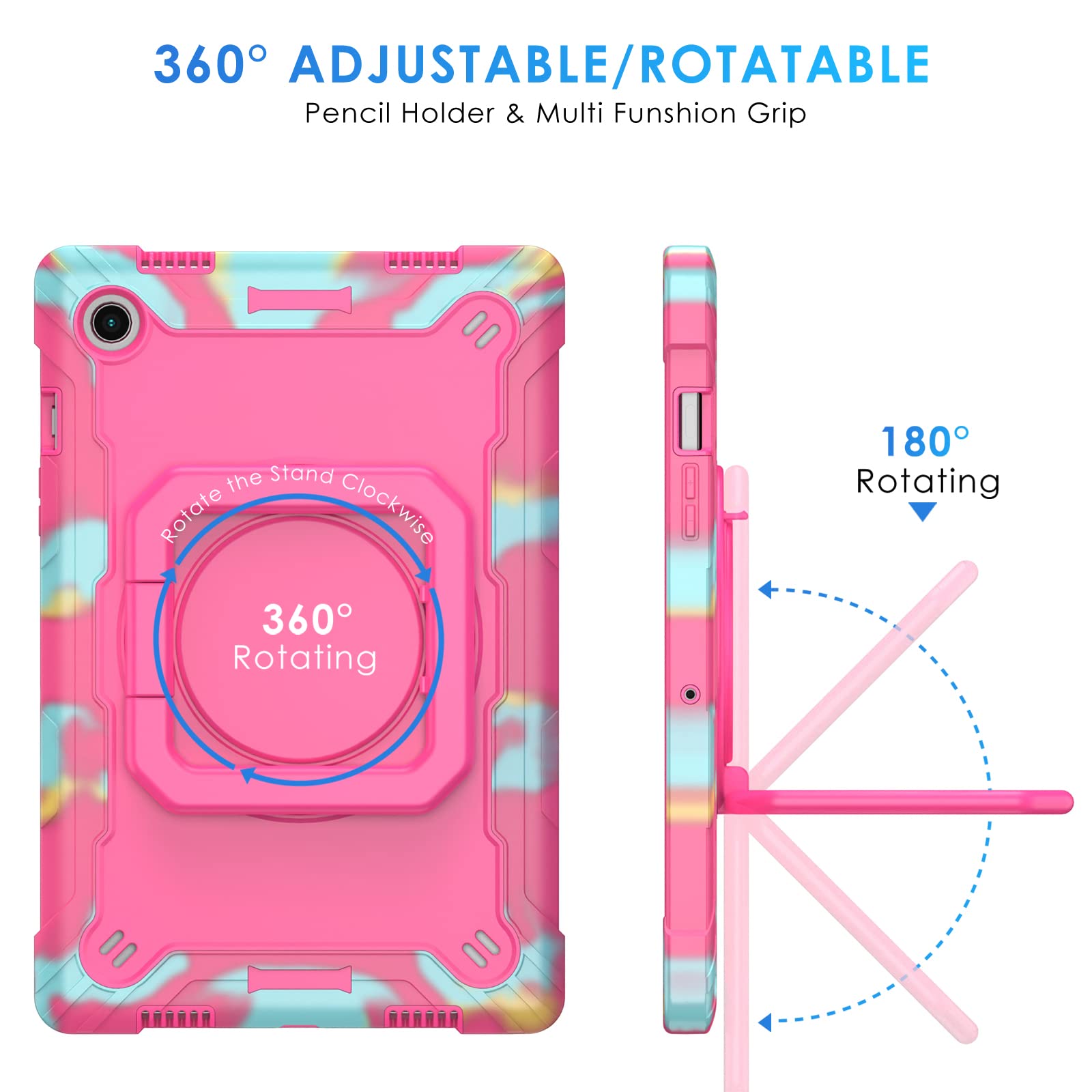 DETUOSI Case for Samsung Galaxy Tab A8 10.5 inch 2022, Galaxy Tab A8 Shockproof Case with 360°Rotatable Stand & Shoulder Strap, Heavy Duty Case for SM-X200/X205/X207, Camouflage Rose Red