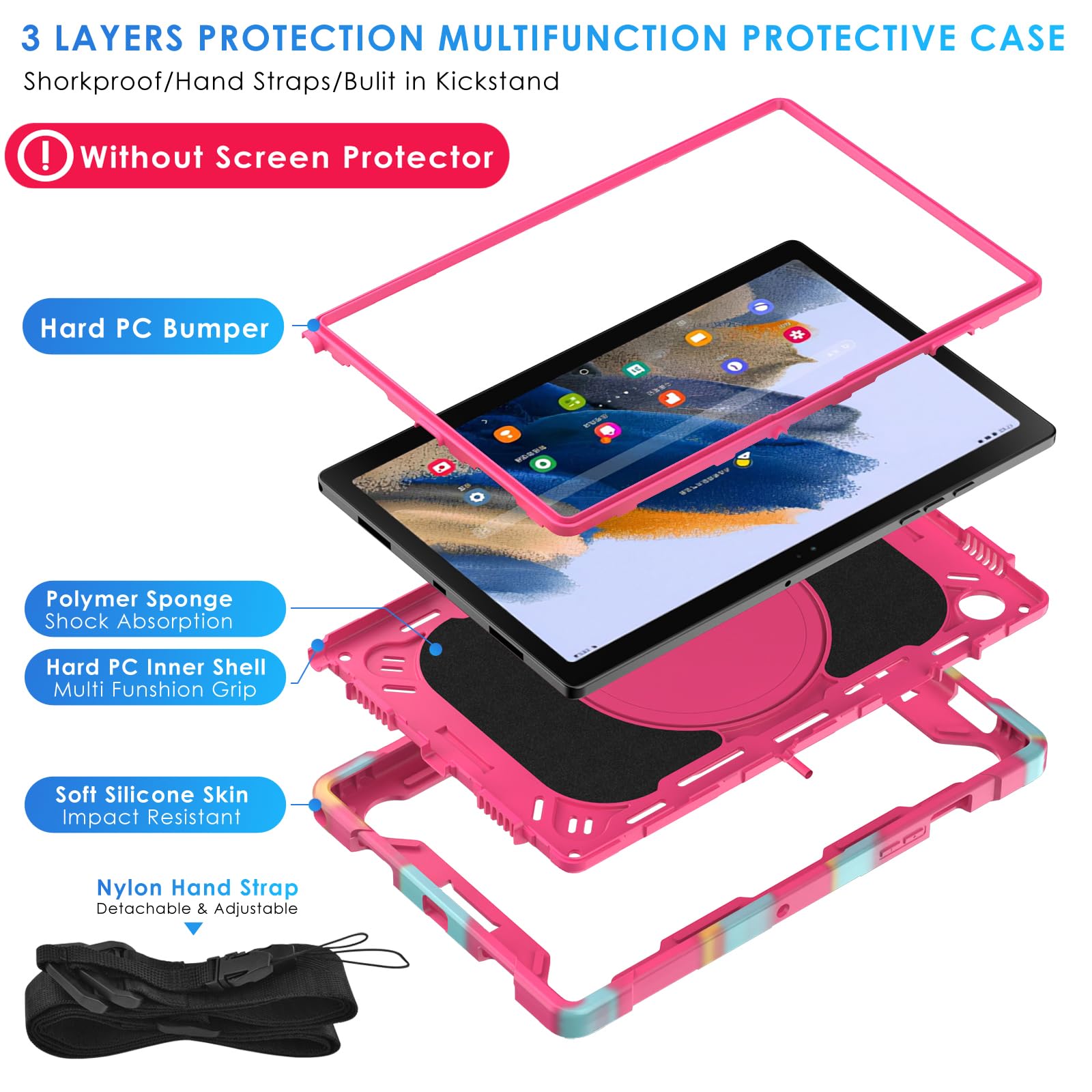 DETUOSI Case for Samsung Galaxy Tab A8 10.5 inch 2022, Galaxy Tab A8 Shockproof Case with 360°Rotatable Stand & Shoulder Strap, Heavy Duty Case for SM-X200/X205/X207, Camouflage Rose Red