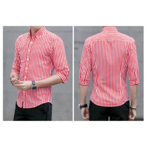 Men's Striped Button Down Shirts Casual Turn-Down Collar Slim Fit Shirts Classic Stylish Business Dress Shirts (Red,X-Large)