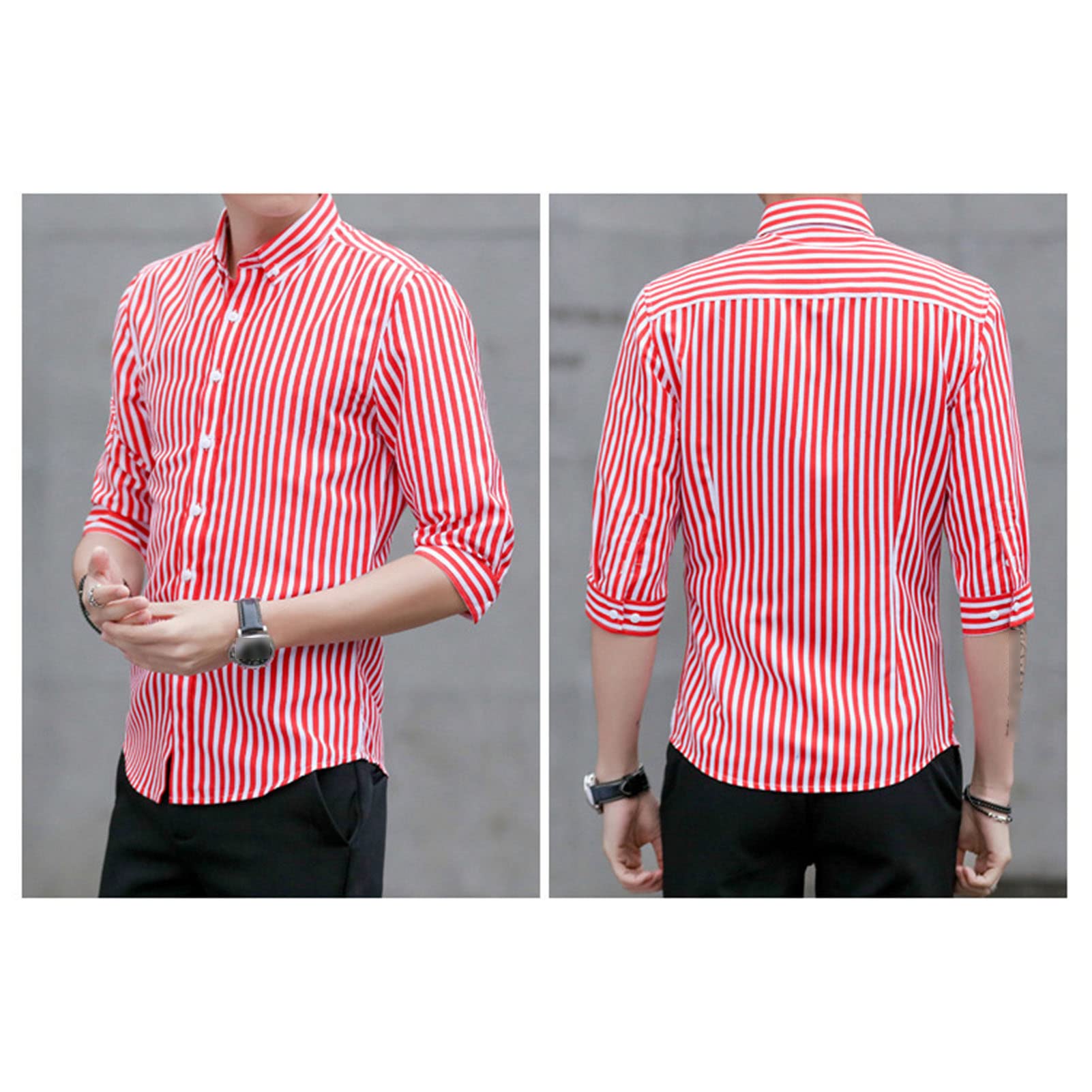 Men's Striped Button Down Shirts Casual Turn-Down Collar Slim Fit Shirts Classic Stylish Business Dress Shirts (Red,X-Large)