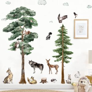 68in x-large pine tree safari animals wall decals woodland nursery wall decor watercolor forest animal wall decal peel and stick deer birds owl wolf stickers for kids room wall art baby nursery decor