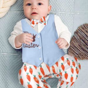 Aulyffo My First Easter Baby Boy Outfit 9-12 Months Baby Boy Easter Outfit Long Sleeve Bunny Romper Radish One Piece Jumpsuit with Bow Tie Easter Outfit Baby Boy Clothes