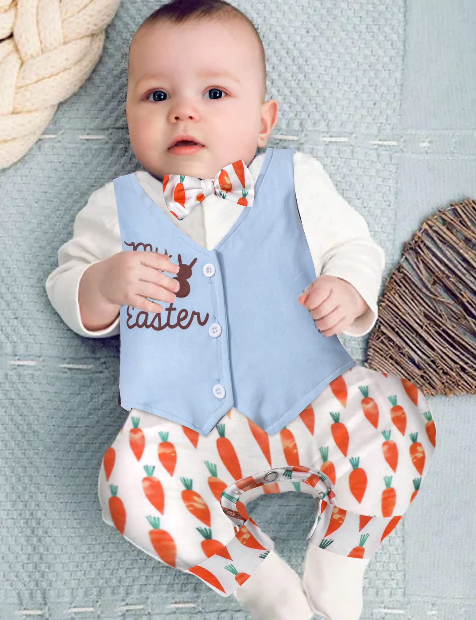 Aulyffo My First Easter Baby Boy Outfit 9-12 Months Baby Boy Easter Outfit Long Sleeve Bunny Romper Radish One Piece Jumpsuit with Bow Tie Easter Outfit Baby Boy Clothes