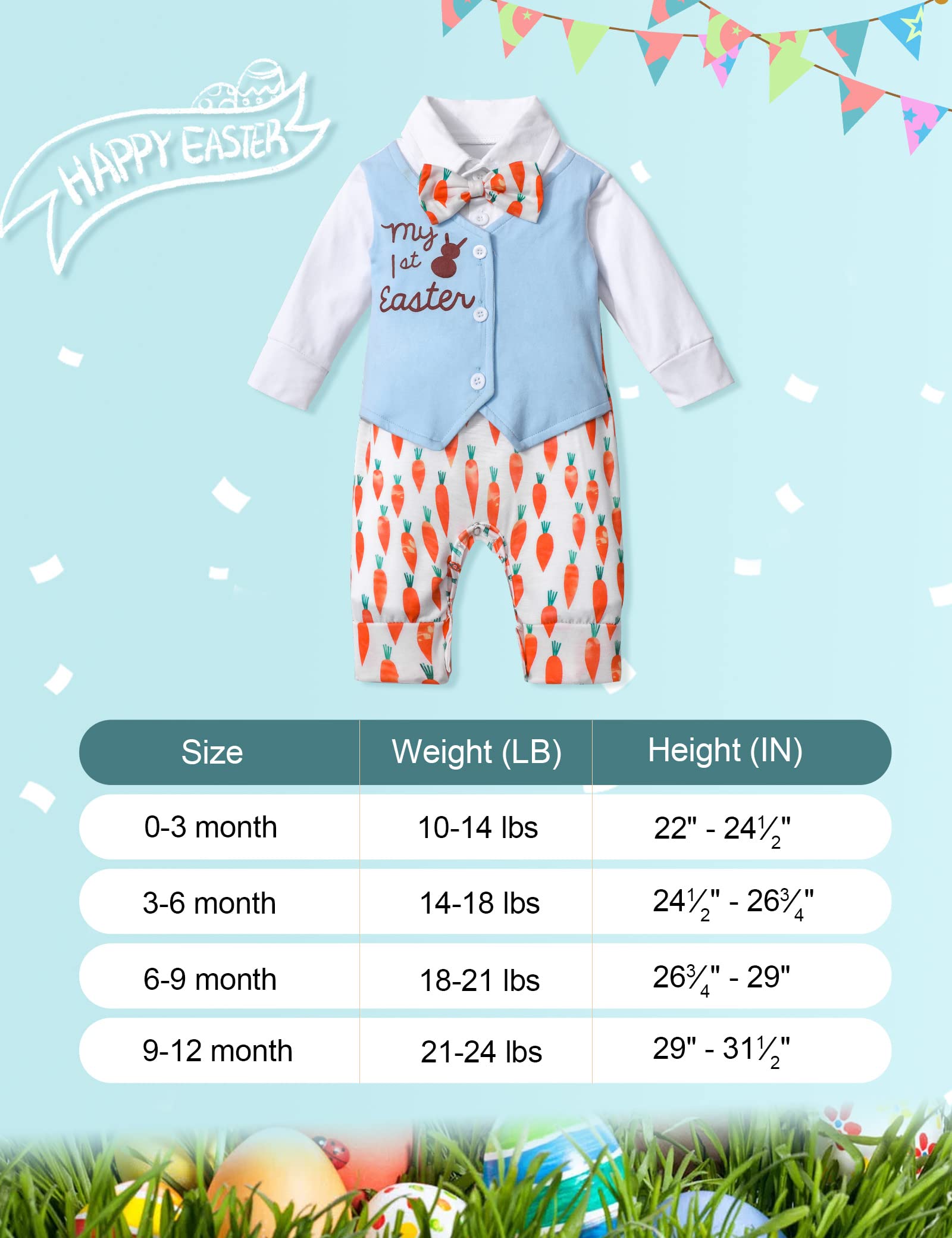 Aulyffo My First Easter Baby Boy Outfit 9-12 Months Baby Boy Easter Outfit Long Sleeve Bunny Romper Radish One Piece Jumpsuit with Bow Tie Easter Outfit Baby Boy Clothes