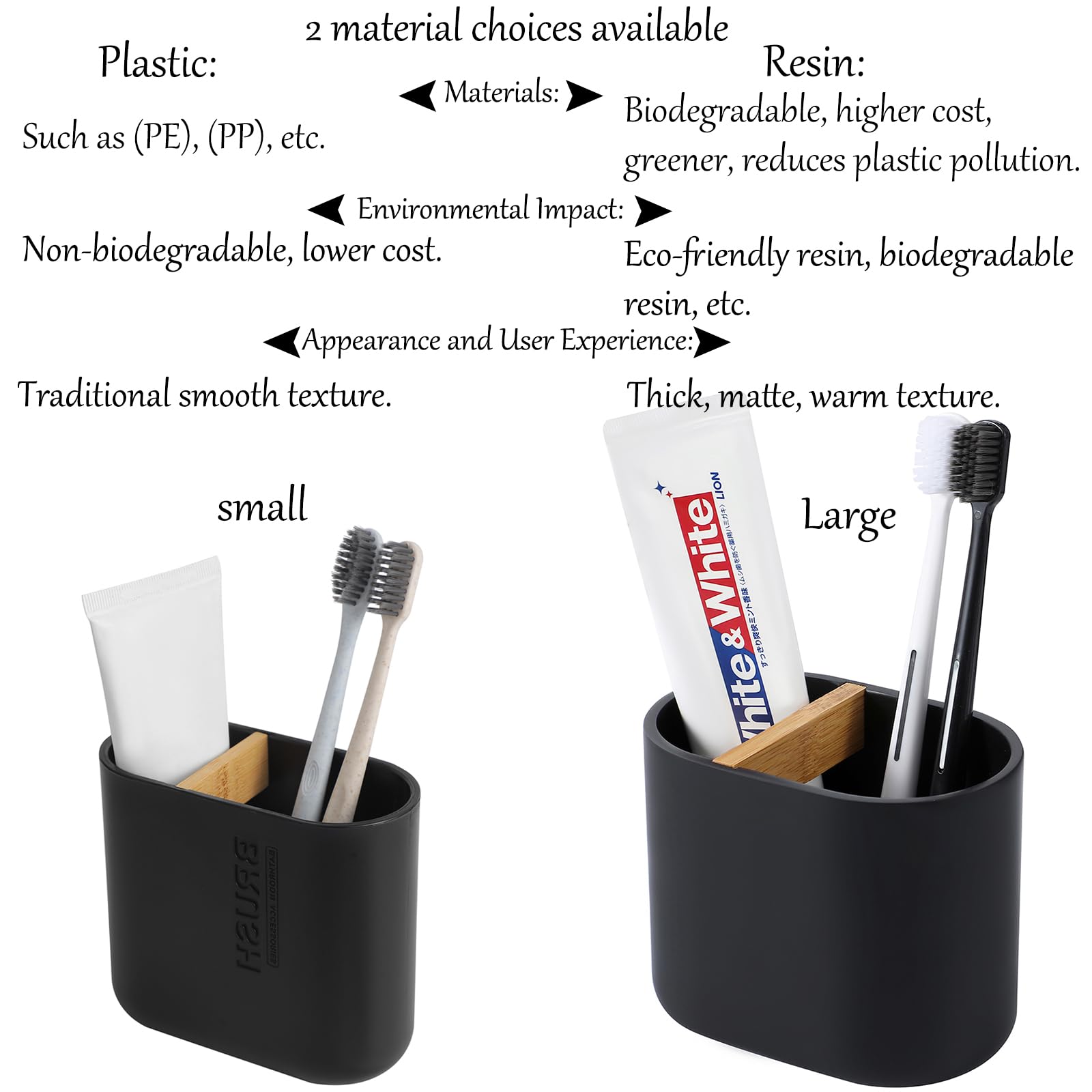 rejomiik Thick Resin Toothbrush Holders Bamboo Tooth Brushing Holder for Bathroom Countertop, Tooth Brush Storage Organizer Stand for Holds Toiletries and Beauty Accessories, Toothpaste, Razor, Black