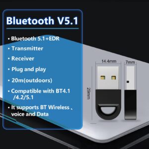 USB Bluetooth 5.1 Adapter for PC, Wireless Bluetooth Dongle Transmitter Receiver, Driver-Free, for Desktop,Laptop,Keyboard,Mouse,Headset,Speaker,Printer, Plug&Play