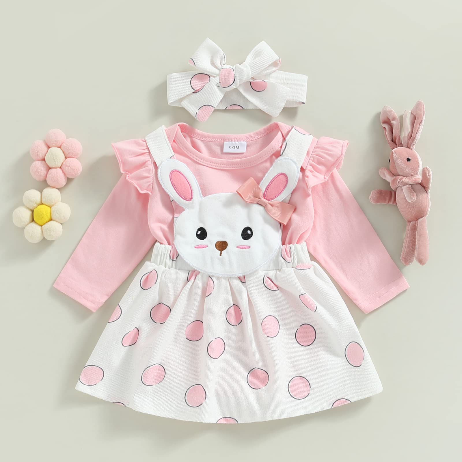 Newborn Baby Girl Pink Bunny Outfit Long Sleeve Romper Rabbit Suspender Skirt Overall Dress Headband My 1st Easter Outfit (Pink, 3-6 Months)