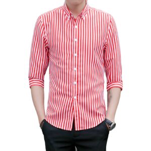 men's striped button down shirts casual turn-down collar slim fit shirts classic stylish business dress shirts (red,x-large)