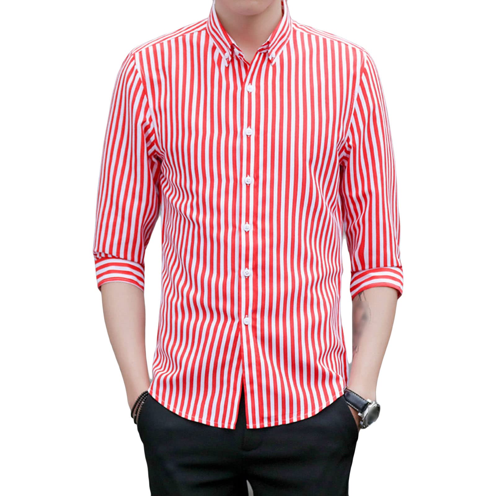 Men's Striped Button Down Shirts Casual Turn-Down Collar Slim Fit Shirts Classic Stylish Business Dress Shirts (Red,X-Large)