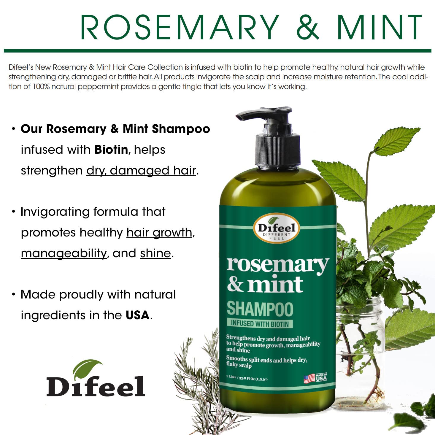 Difeel Rosemary Mint Strengthening Shampoo with Biotin 33.8 oz. - Made with Natural Rosemary Oil for Hair Growth