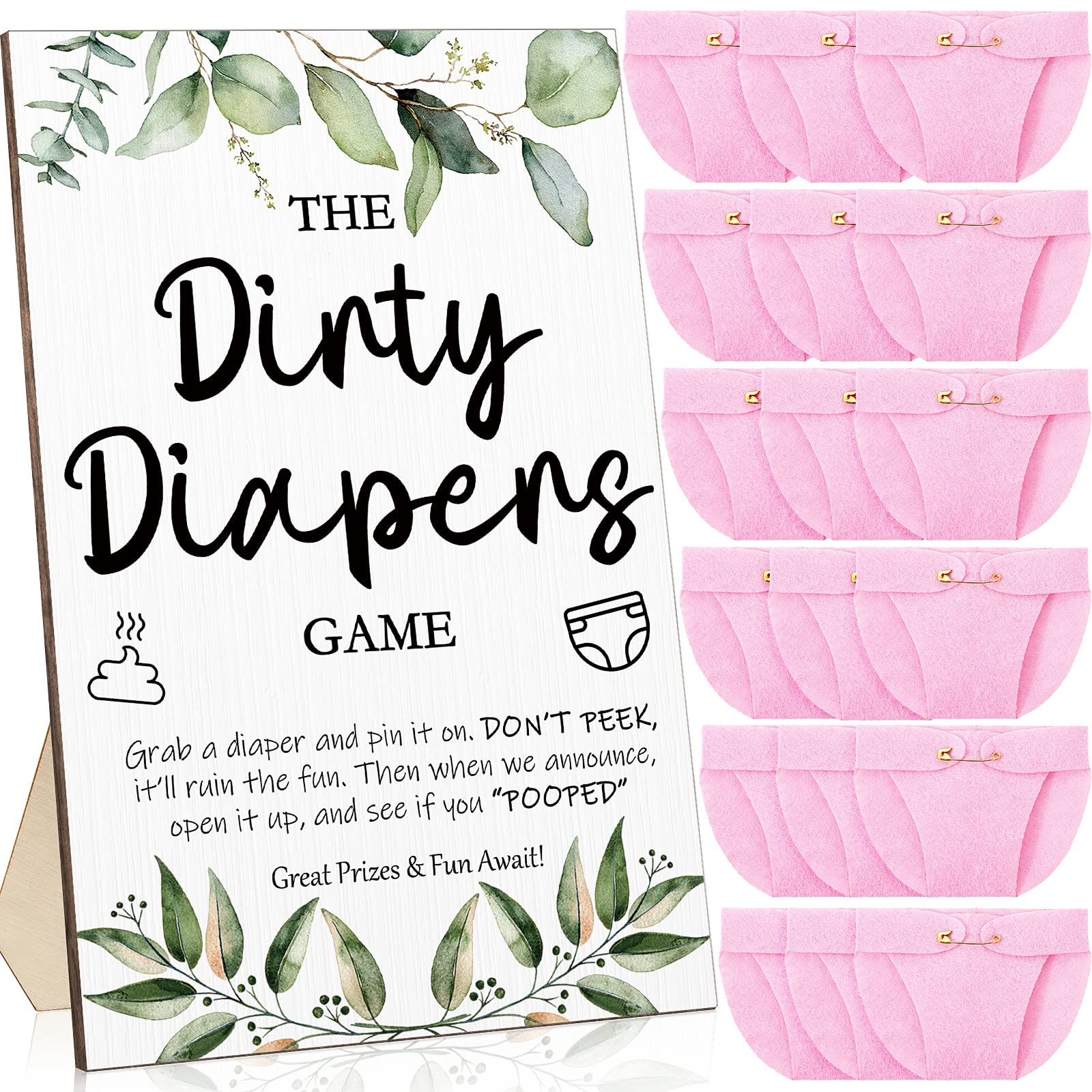 Roowest 51 Pcs Dirty Diaper Baby Shower Games Funny Wooden Dirty Diaper Game Sign with 50 Pcs Mini Diapers Cute Felt Diaper for Gender Reveal Party Baby Shower Game(Greenery Pink)