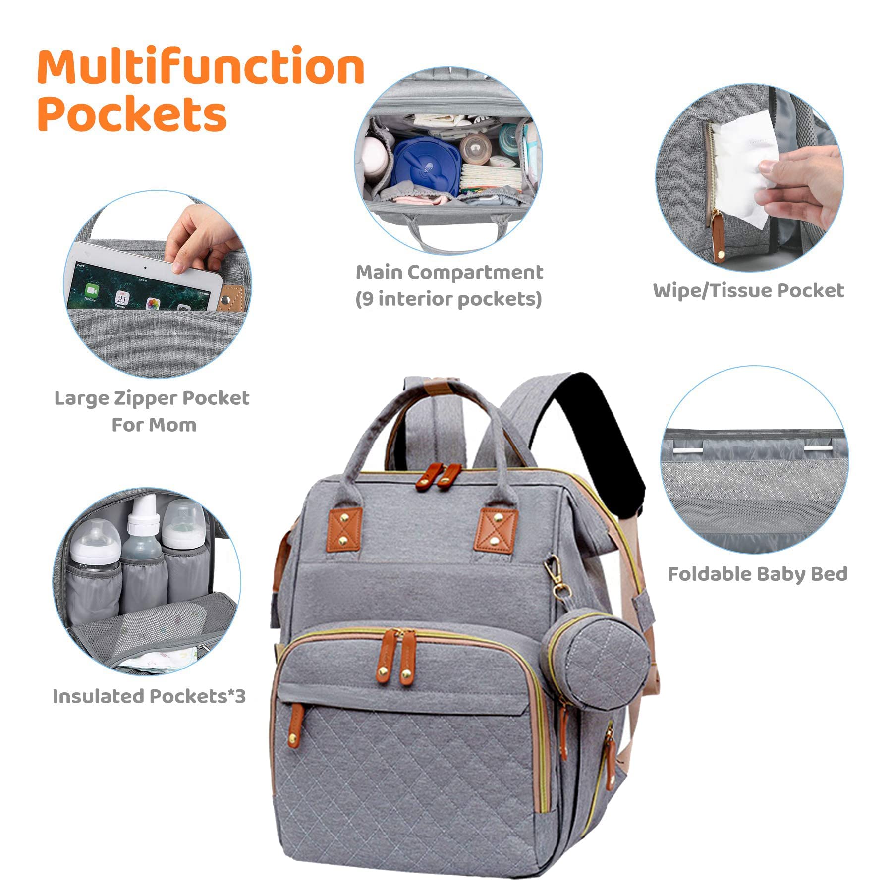 3 in 1 Diaper Bag Backpack with Changing Pad Large Capacity Portable Portable Foldable Mommy Bag Waterproof Newborn Baby Shower Gifts Travel Backpack Stroller Straps（Grey）