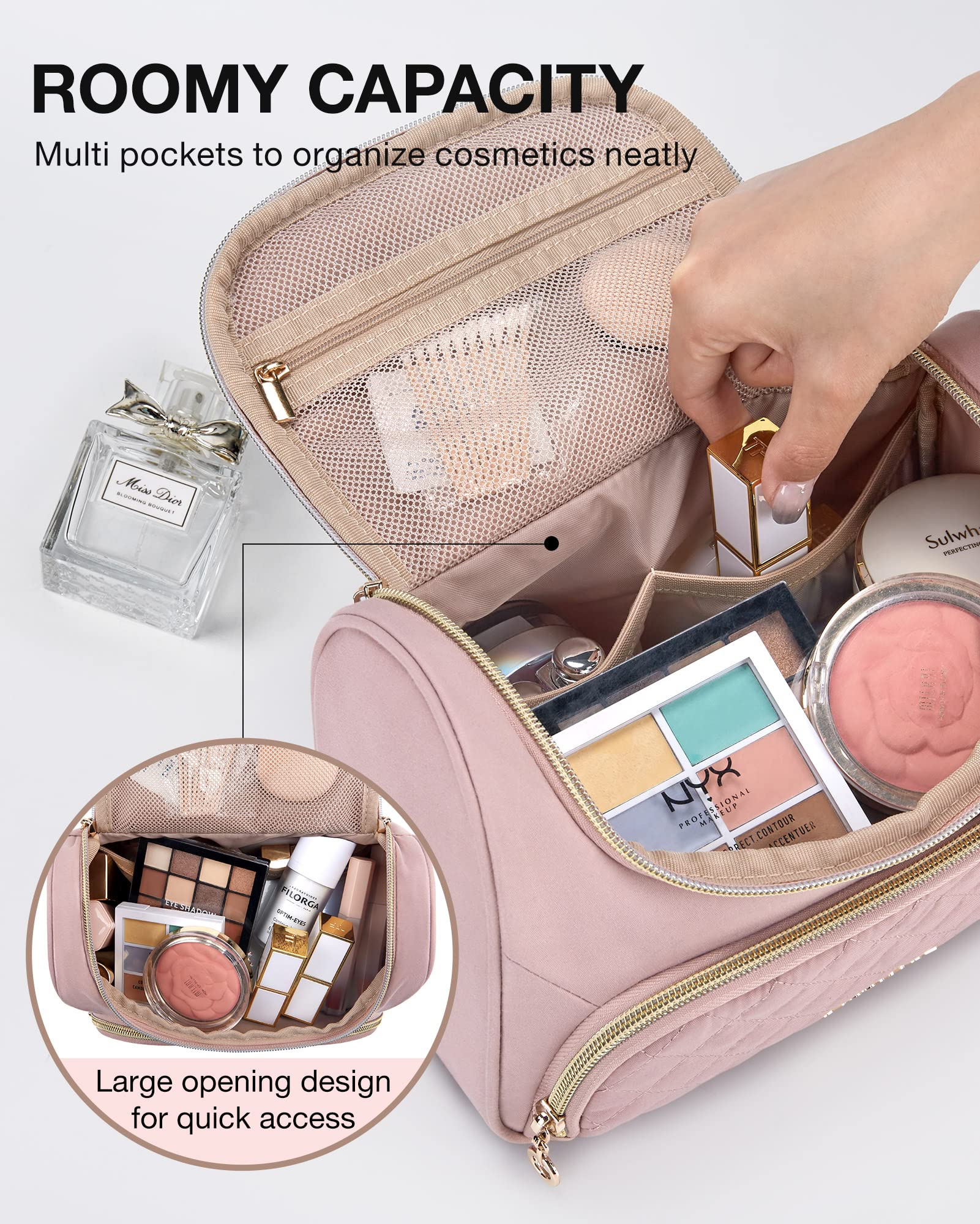 BAGSMART Travel Makeup Bag, Cosmetic Bag Make Up Organizer Case,Large Top Flap Wide Open Pouch for Women Purse for Toiletries Accessories Brushes(Pink)