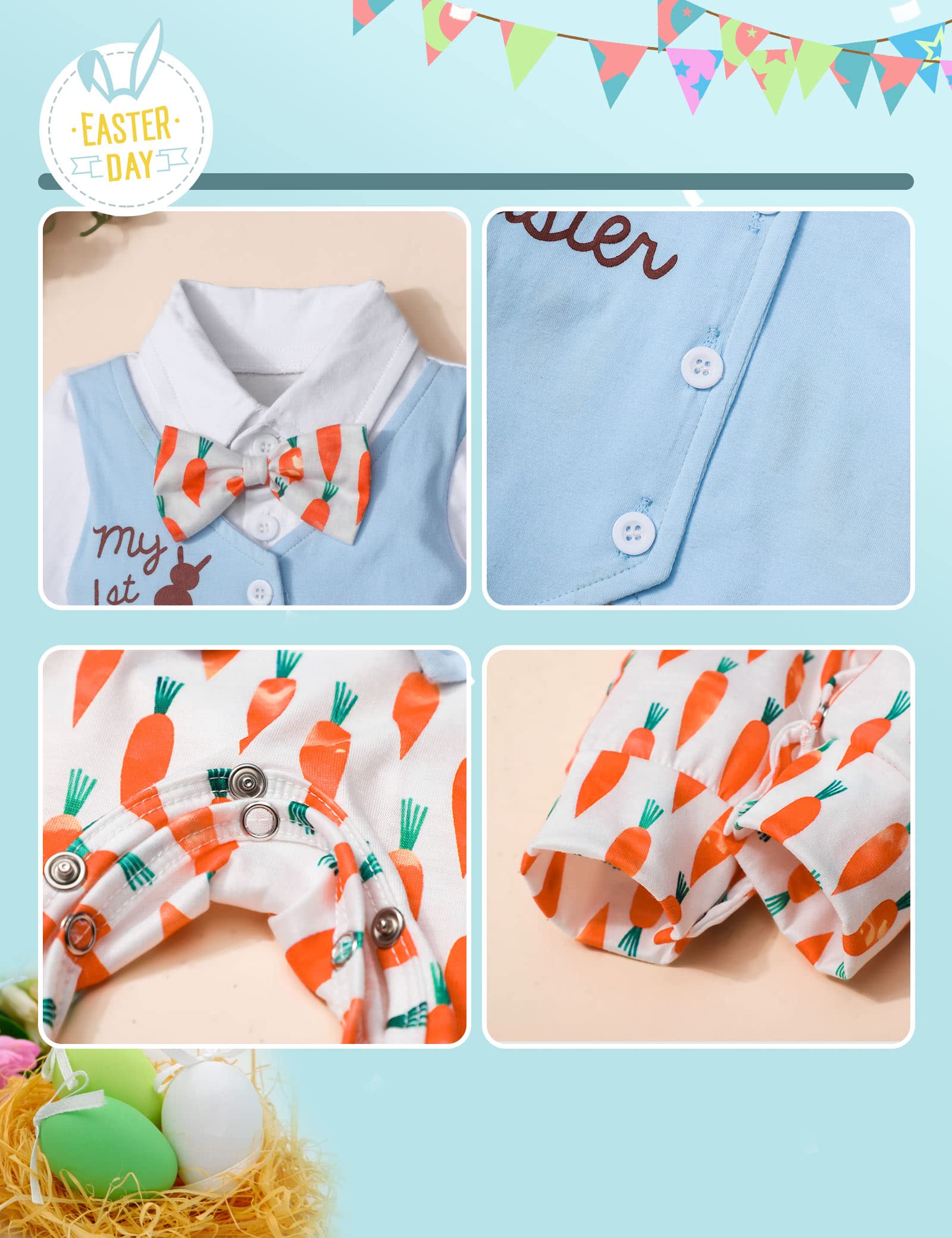 Aulyffo My First Easter Baby Boy Outfit 9-12 Months Baby Boy Easter Outfit Long Sleeve Bunny Romper Radish One Piece Jumpsuit with Bow Tie Easter Outfit Baby Boy Clothes