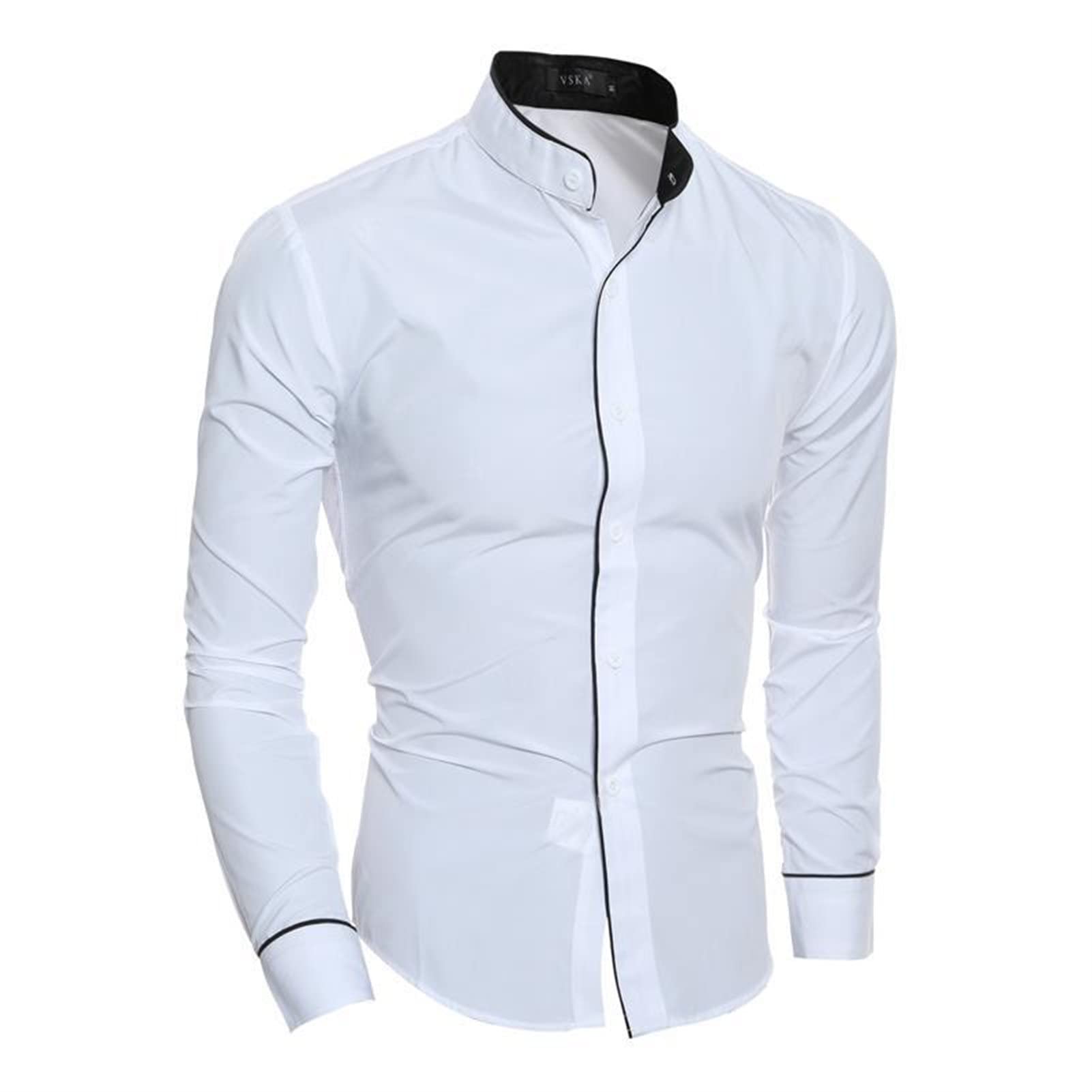 Men's Long Sleeve Stylish Shirts Casual Solid Color Stand Collar Shirts Classic Plain Button Down Dress Shirt (White,XX-Large)