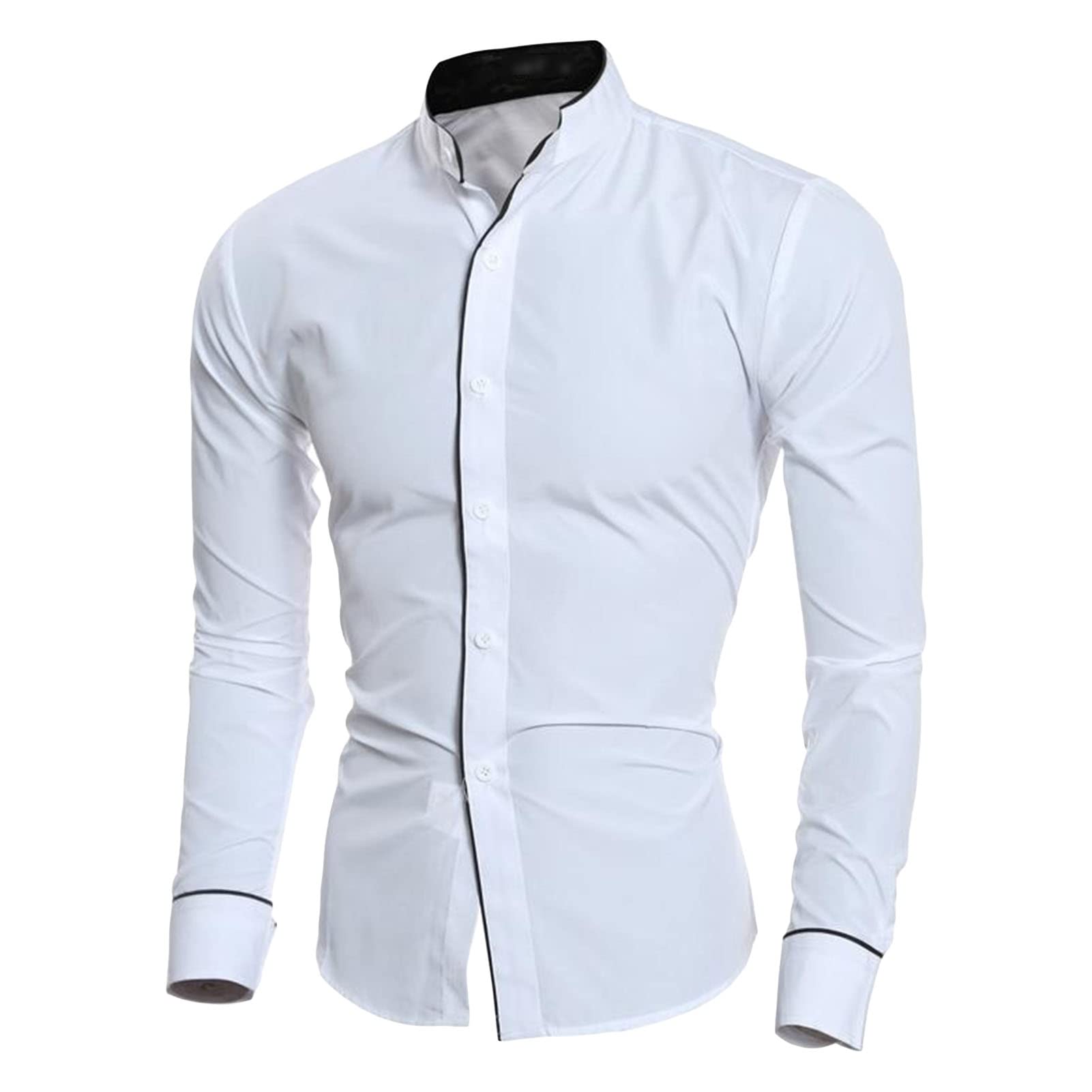 Men's Long Sleeve Stylish Shirts Casual Solid Color Stand Collar Shirts Classic Plain Button Down Dress Shirt (White,XX-Large)