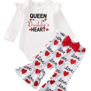 Singcoco Newborn Girl Valentine's Day Clothes Baby Queen Of Daddy's Heart Flare Pant Outfit (White, 3-6 Months)