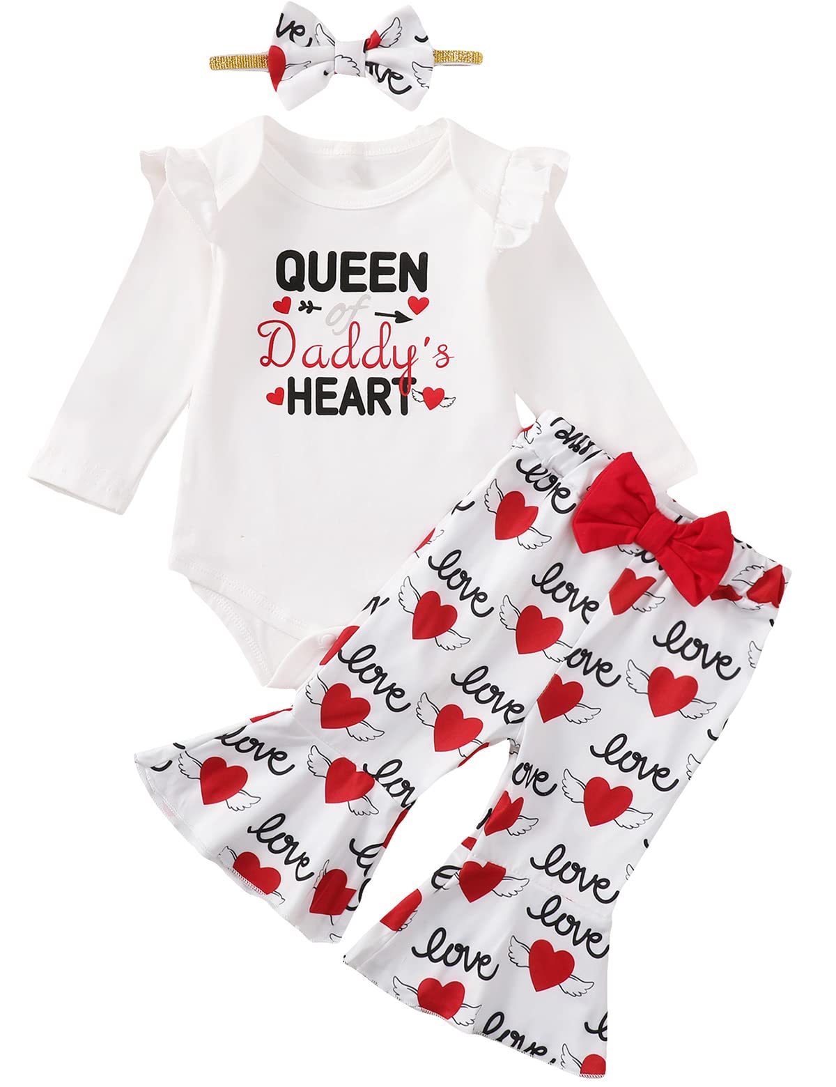 Singcoco Newborn Girl Valentine's Day Clothes Baby Queen Of Daddy's Heart Flare Pant Outfit (White, 3-6 Months)