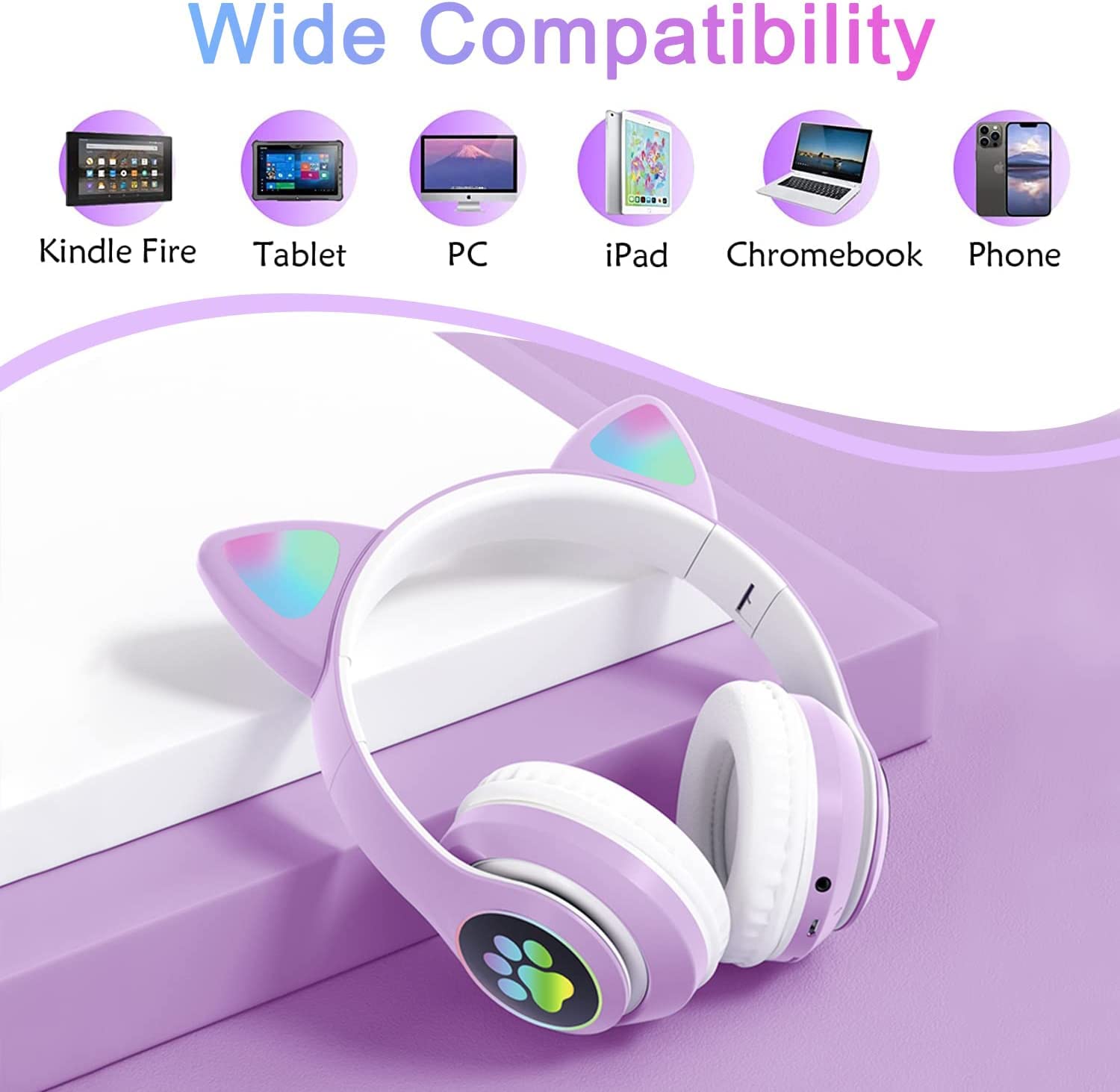 KERHAND Bluetooth Headphones for Kids, Cute Ear Cat Ear LED Light Up Foldable Headphones Stereo Over Ear with Microphone/TF Card Wireless Headphone for iPhone/iPad/Smartphone/Laptop/PC/TV (Purple)