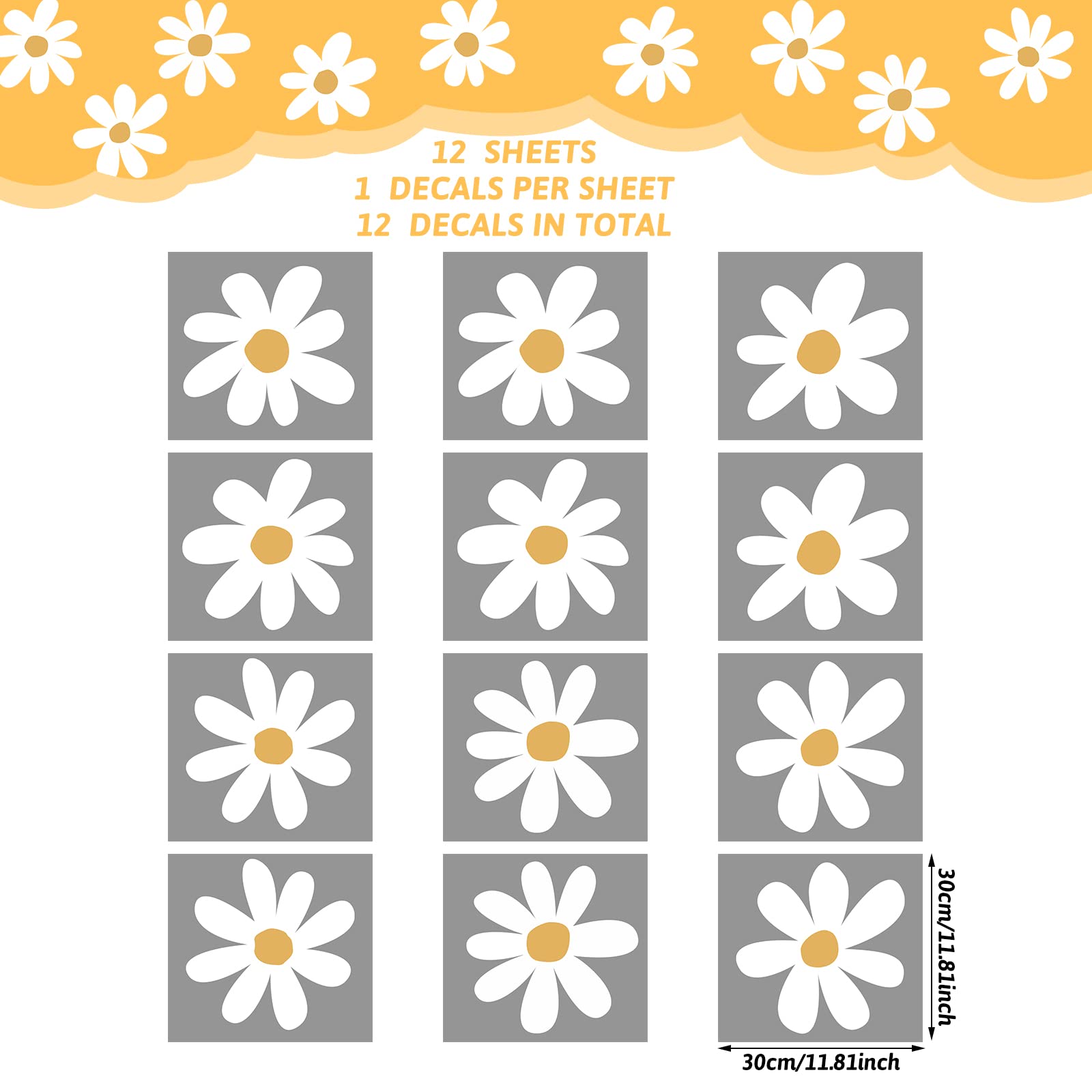 12 Sheets Daisy Wall Decals Flower Wall Stickers Large Daisy Wall Stickers Daisy Decals for Wall Peel and Stick for Nursery Bedroom Living Room Wall Decor (Classic Style)