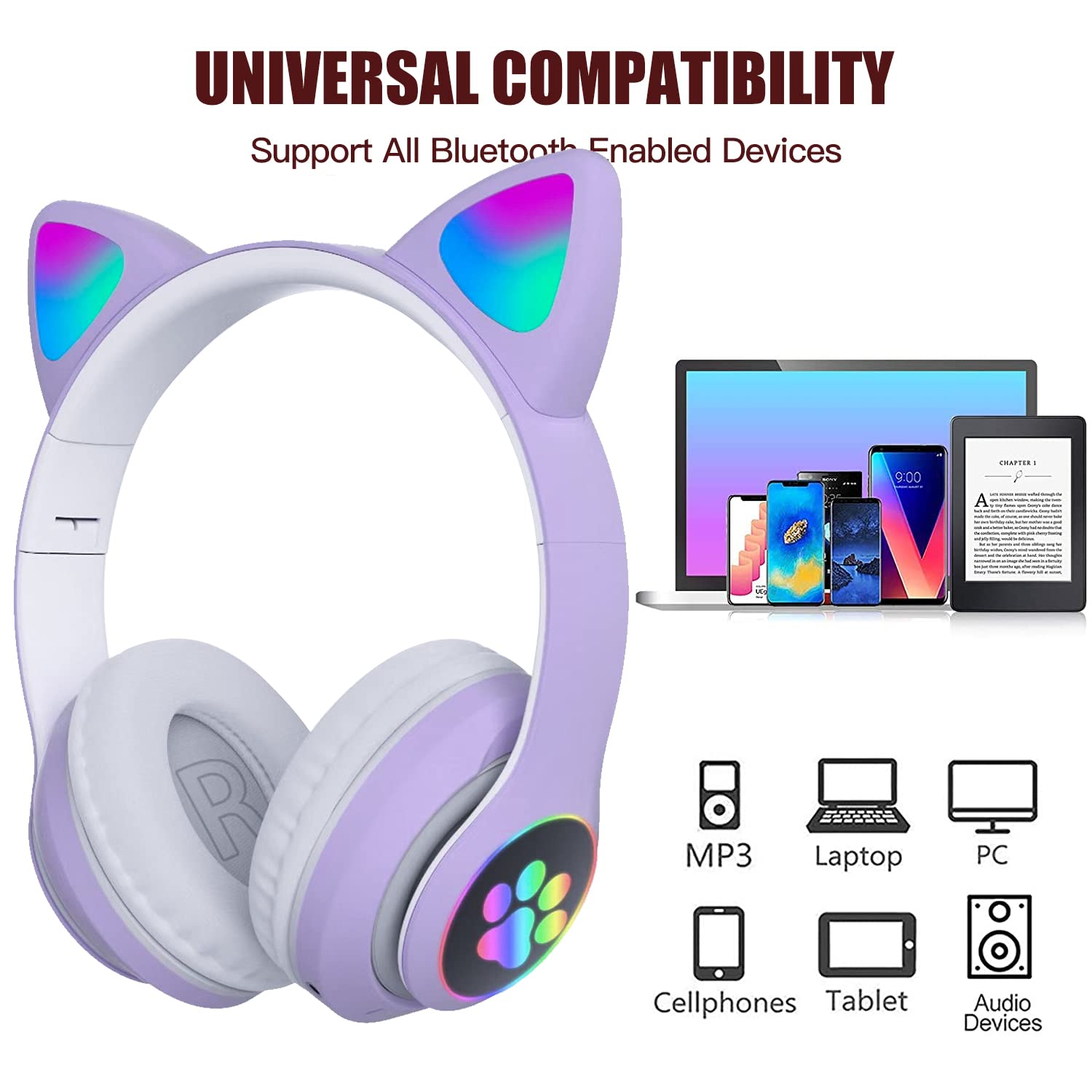 KERHAND Bluetooth Headphones for Kids, Cute Ear Cat Ear LED Light Up Foldable Headphones Stereo Over Ear with Microphone/TF Card Wireless Headphone for iPhone/iPad/Smartphone/Laptop/PC/TV (Purple)