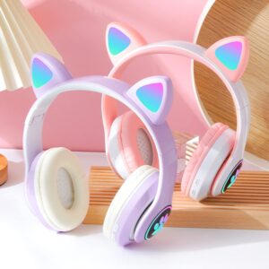 KERHAND Bluetooth Headphones for Kids, Cute Ear Cat Ear LED Light Up Foldable Headphones Stereo Over Ear with Microphone/TF Card Wireless Headphone for iPhone/iPad/Smartphone/Laptop/PC/TV (Purple)