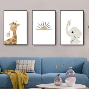 boho cartoon animal kids room decor, cute giraffe elephant sun canvas nursery wall art for baby girls & boys playroom bathroom bedroom