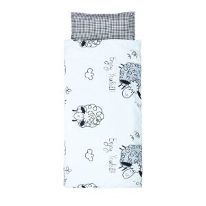 hi sprout cotton or minky toddlers nap mat with removable pillow and soft blanket, lightweight daycare preschool kindergarten sleeping bag, travel slumber for kids girls boys (lovely sheep)