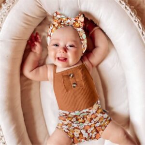 GRNSHTS Infants Baby Girls Summer Shorts Set Knit Sleeveless Romper Bodysuit+Floral Bloomers+Headband Clothes Outfit (Brown, 3-6Months)